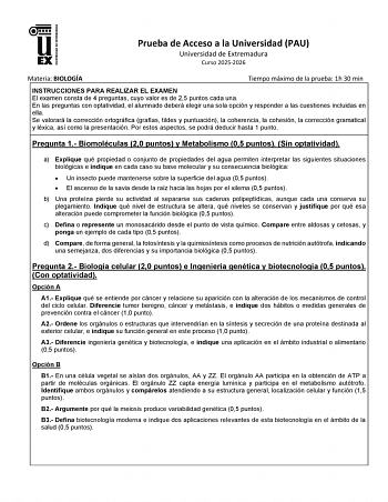 Biología – EBAU Extremadura (2026)