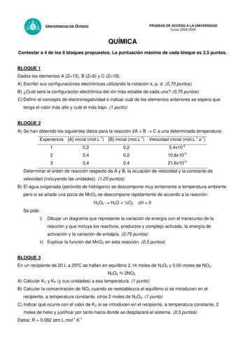 Examen de Química (selectividad de 2005)