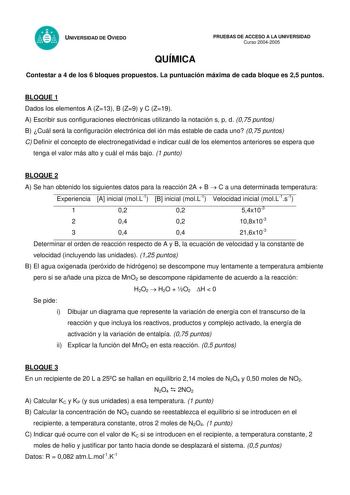 UNIVERSIDAD DE OVIEDO QUÍMICA PRUEBAS DE ACCESO A LA UNIVERSIDAD Curso 20042005 Contestar a 4 de los 6 bloques propuestos La puntuación máxima de cada bloque es 25 puntos BLOQUE 1 Dados los elementos A Z13 B Z9 y C Z19 A Escribir sus configuraciones electrónicas utilizando la notación s p d 075 puntos B Cuál será la configuración electrónica del ión más estable de cada uno 075 puntos C Definir el concepto de electronegatividad e indicar cuál de los elementos anteriores se espera que tenga el va…