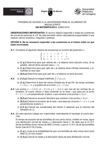 Examen de Matemáticas II (EBAU de 2019)