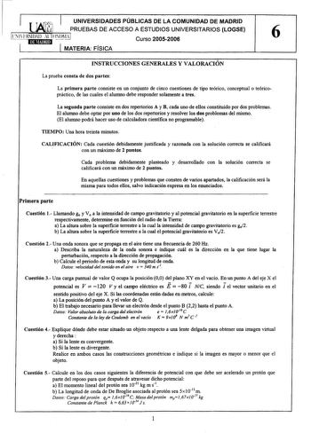 1 ITA 1 UNIVERSIDADES PÚBLICAS DE LA COMUNIDAD DE MADRID  LJIIIJt1l PRUEBAS DE ACCESO A ESTUDIOS UNIVERSITARIOS LOGSE  l NITRSIDAD LTOOftJ  Curso 20052006 6 1  MATERIA FÍSICA INSTRUCCIONES GENERALES Y VALORACIÓN La prueba consta de dos partes La primera parte consiste en un conjunto de cinco cuestiones de tipo teórico conceptual o teóricopráctico de las cuales el alumno debe responder solamente a tres La segunda parte consiste en dos repertorios A y B cada uno de ellos constituido por dos probl…