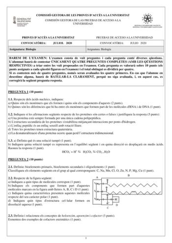 Examen de Biología (PAU de 2020)