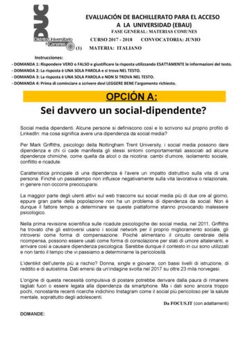 EVALUACIÓN DE BACHILLERATO PARA EL ACCESO A LA UNIVERSIDAD EBAU FASE GENERAL MATERIAS COMUNES CURSO 2017  2018 CONVOCATORIA JUNIO 1 MATERIA ITALIANO Instrucciones  DOMANDA 1 Rispondere VERO o FALSO e giustificare la risposta utilizzando ESATTAMENTE le informazioni del testo  DOMANDA 2 La risposta  UNA SOLA PAROLA e si trova NEL TESTO  DOMANDA 3 La risposta  UNA SOLA PAROLA e NON SI TROVA NEL TESTO  DOMANDA 4 Prima di cominciare a scrivere devi LEGGERE BENE largomento richiesto OPCIÓN A Sei davv…