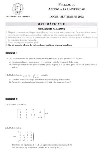 Examen de Matemáticas II (selectividad de 2002)