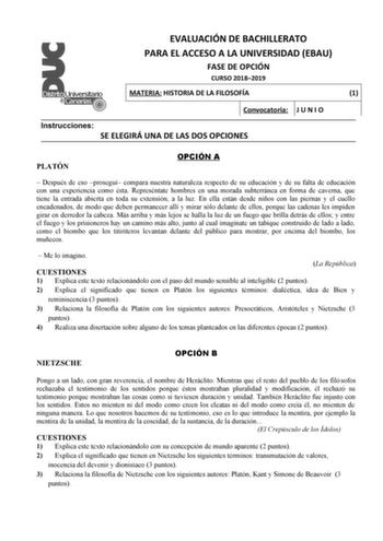 Examen de Historia de la Filosofía (EBAU de 2019)