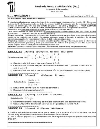 Matemáticas II – EBAU Extremadura (2026)