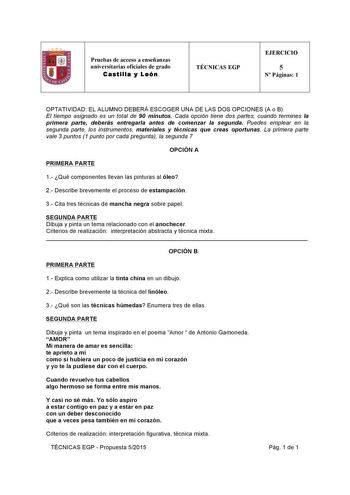 Pruebas de acceso a enseñanzas universitarias oficiales de grado Castilla y León  TÉCNICAS EGP EJERCICIO 5 N Páginas 1 OPTATIVIDAD EL ALUMNO DEBERÁ ESCOGER UNA DE LAS DOS OPCIONES A o B El tiempo asignado es un total de 90 minutos Cada opción tiene dos partes cuando termines la primera parte deberás entregarla antes de comenzar la segunda Puedes emplear en la segunda parte los instrumentos materiales y técnicas que creas oportunas La primera parte vale 3 puntos 1 punto por cada pregunta la segu…