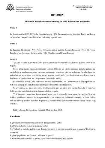 Examen de Historia de España (selectividad de 1998)