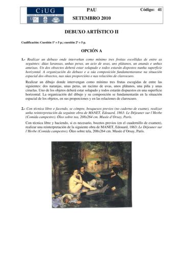 CiUG COMI IÓ INTERUNIVER ITARIA DE GALI IA PAU SETEMBRO 2010 Código 41 DEBUXO ARTÍSTICO II Cualificación Cuestión 1  5 p cuestión 2  5 p OPCIÓN A 1 Realizar un debuxo onde interveñan como mínimo tres froitas escollidas de entre as seguintes dúas laranxas unhas peras un acio de uvas uns plátanos un ananás e unhas ameixas Un dos obxectos deberá estar solapado e todos estarán dispostos nunha superficie horizontal A organización do debuxo e a súa composición fundamentaranse na situación espacial do…