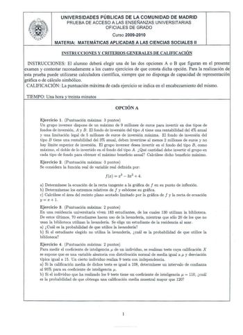 Examen de Matemáticas Aplicadas a las Ciencias Sociales (PAU de 2010)