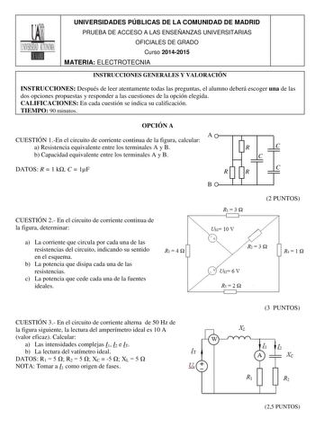 Examen de Electrotecnia (PAU de 2015)