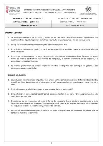 1GENERALITAT  VALENCIAN CONSELLERIA DEDUCACIO CULTURA I ESPORT COMISSIÓ GESTORA DE LES PROVES DACCÉS A LA UNIVERSITAT COMISIÓN GESTORA DE LAS PRUEBAS DE ACCESO A LA UNIVERSIDAD tiie     1fl  SISTEIVL UNIVERSITARI VALEKCIA SISTEIA L N IVJRSIT4RIO VALECIA0 PROVES DACCÉS A LA UNIVERSITAT CONVOCATRIA JUNY 2014 ANLISI MUSICAL II PRUEBAS DE ACCESO A LA UNIVERSIDAD CONVOCATORIA JUNIO 2014 ANÁLISIS MUSICAL II BAREM DE LEXAMEN 1 La puntuació mxima és de 10 punts Cascuna de les tres parts savaluar de man…