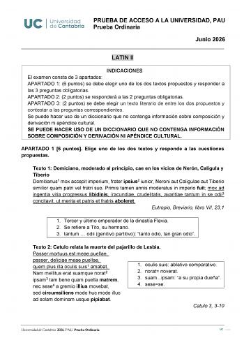 Latín II – EBAU Cantabria (2026)
