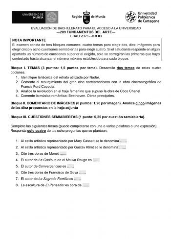 Examen de Fundamentos del Arte (EBAU de 2024)