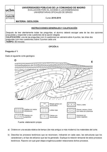 UNIVERSIDADES PÚBLICAS DE LA COMUNIDAD DE MADRID EVALUACIÓN PARA EL ACCESO A LAS ENSEÑANZAS UNIVERSITARIAS OFICIALES DE GRADO MATERIA GEOLOGÍA Curso 20182019 INSTRUCCIONES GENERALES Y CALIFICACIÓN Después de leer atentamente todas las preguntas el alumno deberá escoger una de las dos opciones propuestas y responder a las cuestiones de la opción elegida CALIFICACIÓN una de las preguntas con 4 cuestiones se valorará sobre 4 puntos las otras dos preguntas con tres cuestiones sobre 3 puntos cada un…