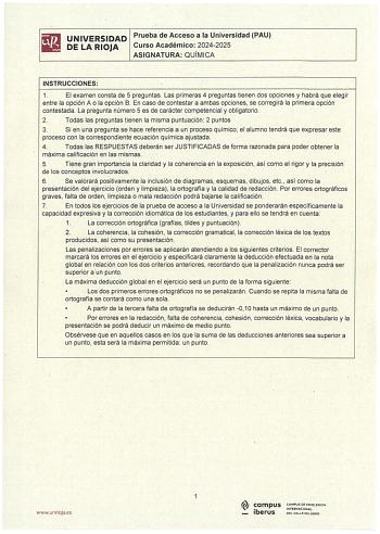 Examen de Química (EBAU de 2025)