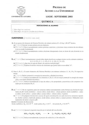 Examen de Química (selectividad de 2003)
