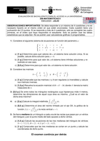 Examen de Matemáticas II (EBAU de 2020)