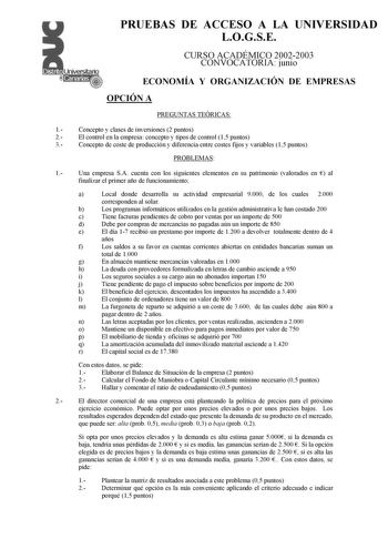 PRUEBAS DE ACCESO A LA UNIVERSIDAD LOGSE CURSO ACADÉMICO 20022003 CONVOCATORIA junio ECONOMÍA Y ORGANIZACIÓN DE EMPRESAS OPCIÓN A PREGUNTAS TEÓRICAS 1 Concepto y clases de inversiones 2 puntos 2 El control en la empresa concepto y tipos de control 15 puntos 3 Concepto de coste de producción y diferencia entre costes fijos y variables 15 puntos PROBLEMAS 1 Una empresa SA cuenta con los siguientes elementos en su patrimonio valorados en  al finalizar el primer año de funcionamiento a Local donde …