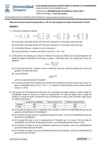 Examen de Matemáticas Aplicadas a las Ciencias Sociales (EvAU de 2017)