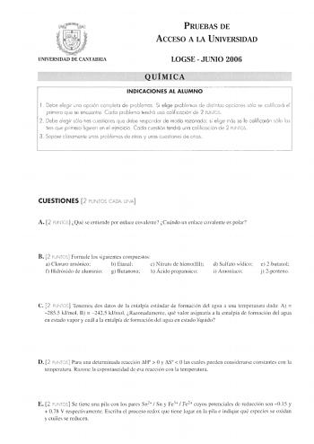 Examen de Química (selectividad de 2006)