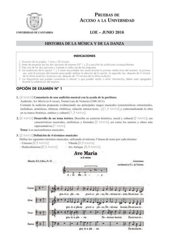 Examen de Historia de la Música y de la Danza (PAU de 2016)