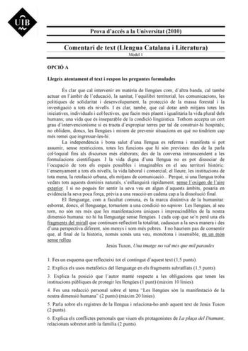 Examen de Lengua Catalana y Literatura (PAU de 2010)