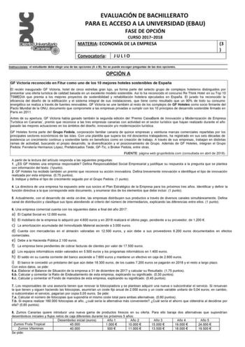 EVALUACIÓN DE BACHILLERATO PARA EL ACCESO A LA UNIVERSIDAD EBAU FASE DE OPCIÓN CURSO 20172018 MATERIA ECONOMÍA DE LA EMPRESA 3  Convocatoria J U L I O Instrucciones el estudiante debe elegir una de las opciones A o B No se puede escoger preguntas de las dos opciones OPCIÓN A GF Victoria reconocido en Fitur como uno de los 10 mejores hoteles sostenibles de España El recién inaugurado GF Victoria hotel de cinco estrellas gran lujo ya forma parte del selecto grupo de complejos hoteleros distinguid…