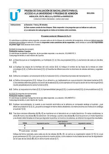 PRUEBA DE EVALUACIÓN DE BACHILLERATO PARA EL ACCESO A LA UNIVERSIDAD Y PRUEBAS DE ADMISIÓN ANDALUCÍA CEUTA MELILLA y CENTROS en MARRUECOS CONVOCATORIA ORDINARIA CURSO 20212022 BIOLOGÍA Instrucciones a Duración 1 hora y 30 minutos b Este examen consta de tres bloques Debe responder a las preguntas que se indican en cada uno c La valoración de cada pregunta se indica en la misma entre corchetes El examen consta de 3 Bloques A B y C En cada bloque se plantean varias preguntas una para cada uno de …