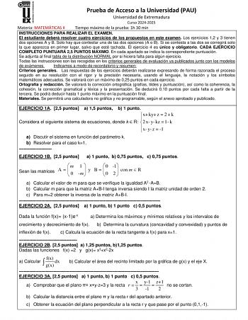 Examen de Matemáticas II (EBAU de 2025)