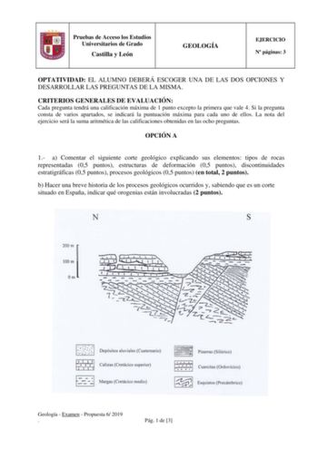 Pruebas de Acceso los Estudios Universitarios de Grado Castilla y León GEOLOGÍA EJERCICIO N páginas 3 OPTATIVIDAD EL ALUMNO DEBERÁ ESCOGER UNA DE LAS DOS OPCIONES Y DESARROLLAR LAS PREGUNTAS DE LA MISMA CRITERIOS GENERALES DE EVALUACIÓN Cada pregunta tendrá una calificación máxima de 1 punto excepto la primera que vale 4 Si la pregunta consta de varios apartados se indicará la puntuación máxima para cada uno de ellos La nota del ejercicio será la suma aritmética de las calificaciones obtenidas …