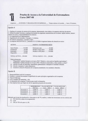 Examen de Economía de la Empresa (selectividad de 2008)