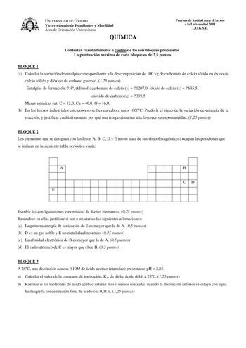 Examen de Química (selectividad de 2001)