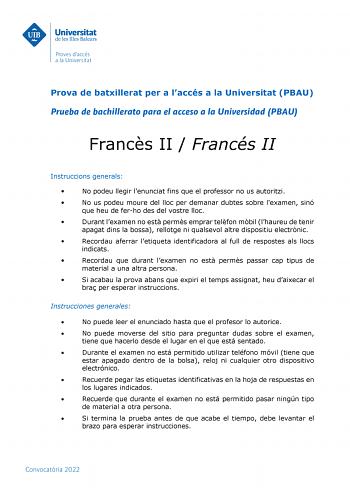 Examen de Francés (PBAU de 2022)