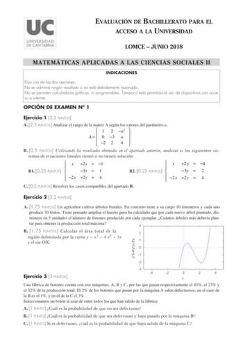 EVALUACIÓN DE BACHILLERATO PARA EL ACCESO A LA UNIVERSIDAD LOMCE  JUNIO 2018 MATEMÁTICAS APLICADAS A LAS CIENCIAS SOCIALES II INDICACIONES Elija una de las dos opciones No se admitirá ningún resultado si no está debidamente razonado No se permiten calculadoras gráficas ni programables Tampoco está permitido el uso de dispositivos con acceso a internet OPCIÓN DE EXAMEN N 1 Ejercicio 1 35 PUNTOS A 25 PUNTOS Analizar el rango de la matriz A según los valores del parámetro a  1 2 a2  A    0 3 a    …