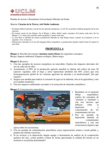 III un1YlllllOAD Dl AmlAul IIIAnOtA Pruebas de Acceso a Enseñanzas Universitarias Oficiales de Grado Materia Ciencias de la Tierra y del Medio Ambiente  El alumno deberá contestar a una de las dos opciones propuestas A o B No se permite combinar preguntas de las dos opciones  El examen consta de tres bloques En el Bloque 1 debes definir cuatro conceptos 05 puntos cada uno En los Bloques 2 y 3 tienes que contestar cuatro preguntas 1 punto cada una  La nota final se obtendrá de sumar la puntuació…