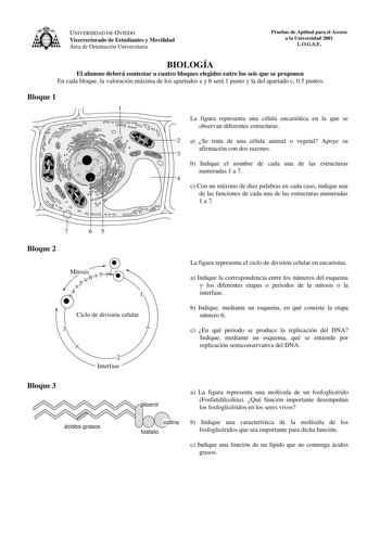 Examen de Biología (selectividad de 2001)