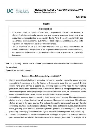 Examen de Inglés (EBAU de 2025)