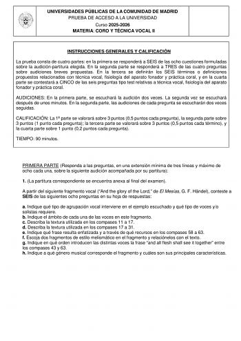 Coro y Técnica Vocal – EvAU Comunidad de Madrid (2026)