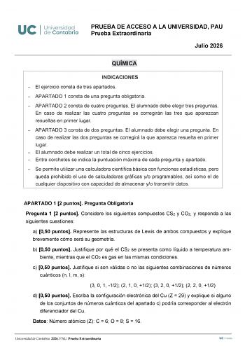 Química – EBAU Cantabria (2026)