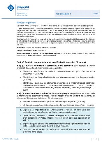 Examen de Artes Escénicas (PBAU de 2025)