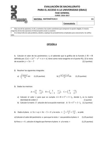 Examen de Matemáticas II (EBAU de 2017)