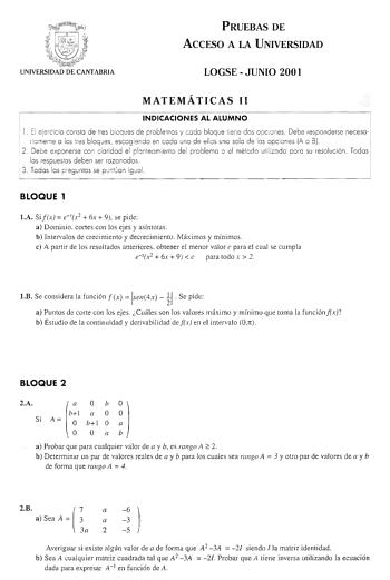 Examen de Matemáticas II (selectividad de 2001)