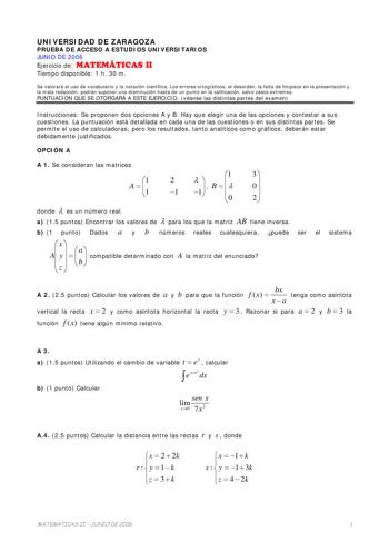 Examen de Matemáticas II (selectividad de 2006)