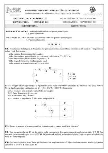 Examen de Electrotecnia (PAU de 2011)