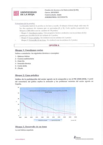 UN IVERS IDAD DE LA RIOJA Pru eba ele Acces o l a Univ ers id acl LOE Curso 201 22013 Convoc1i01iél Junio A S IGNATURA  GEOGRAFIA litructurn el e la urnolrn La duració11 total de lé1 p111ebc1 es de l1or1 1 11 KdiFt El alurn110 clcJm1 olcJir entro una el la dos opciones ele o1rne11 qur n prniontcm A y ll Cadc1 opciút 1 cornprc11cle tres bloques calificalle3 co11 1111 máximo do 1Opuntos  IJoque 1 CuostiolltS corteis 0cis prnuu11t1s lxovoi ov1 luach1t co11 un m1xi1Ho clt 05 pu1 os por cuestión has…