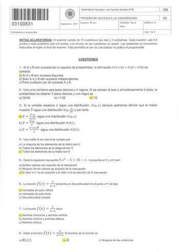 Examen de Matemáticas Aplicadas a las Ciencias Sociales (EBAU de 2017)