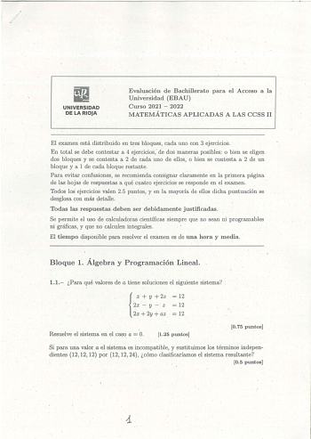 Examen de Matemáticas Aplicadas a las Ciencias Sociales (EBAU de 2022)