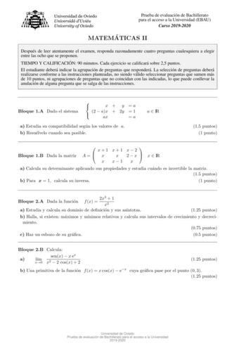 Examen de Matemáticas II (EBAU de 2020)