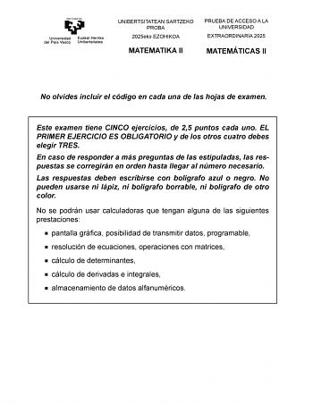 Examen de Matemáticas II (EAU de 2025)